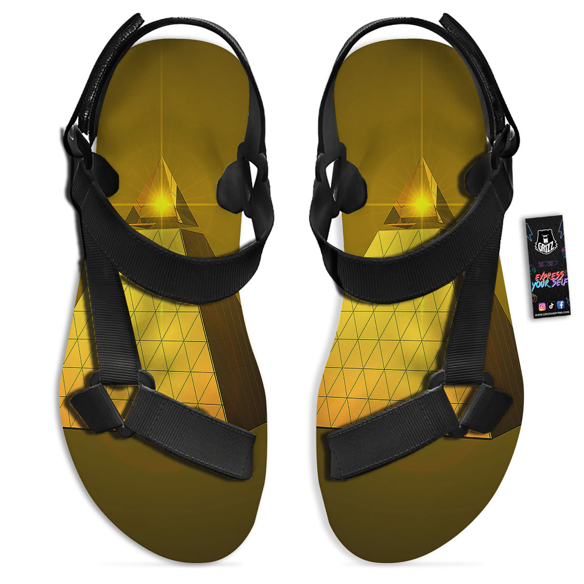 Pyramid Golden Print Black Open Toe Sandals-grizzshop