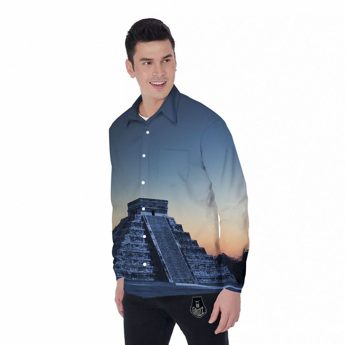Pyramid Mayan Print Men's Long Sleeve Shirts-grizzshop