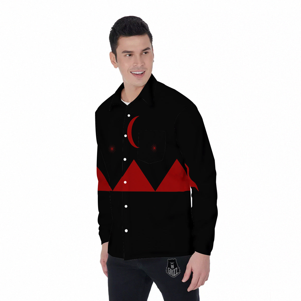 Pyramid Red Moon Print Men's Long Sleeve Shirts-grizzshop