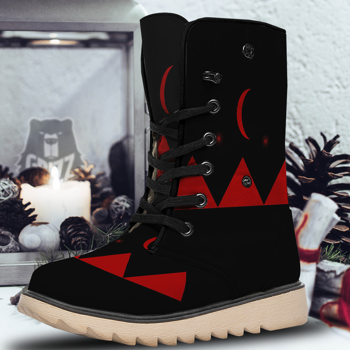 Pyramid Red Moon Print Snow Boots-grizzshop
