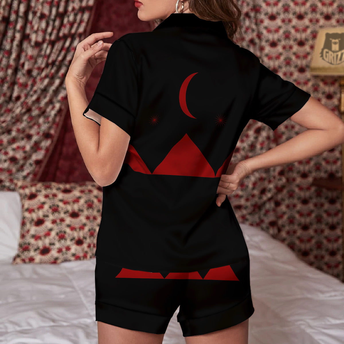 Pyramid Red Moon Print Women Silk Pajamas-grizzshop