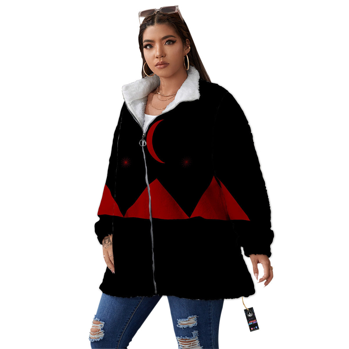 Pyramid Red Moon Print Women's Sherpa Jacket-grizzshop