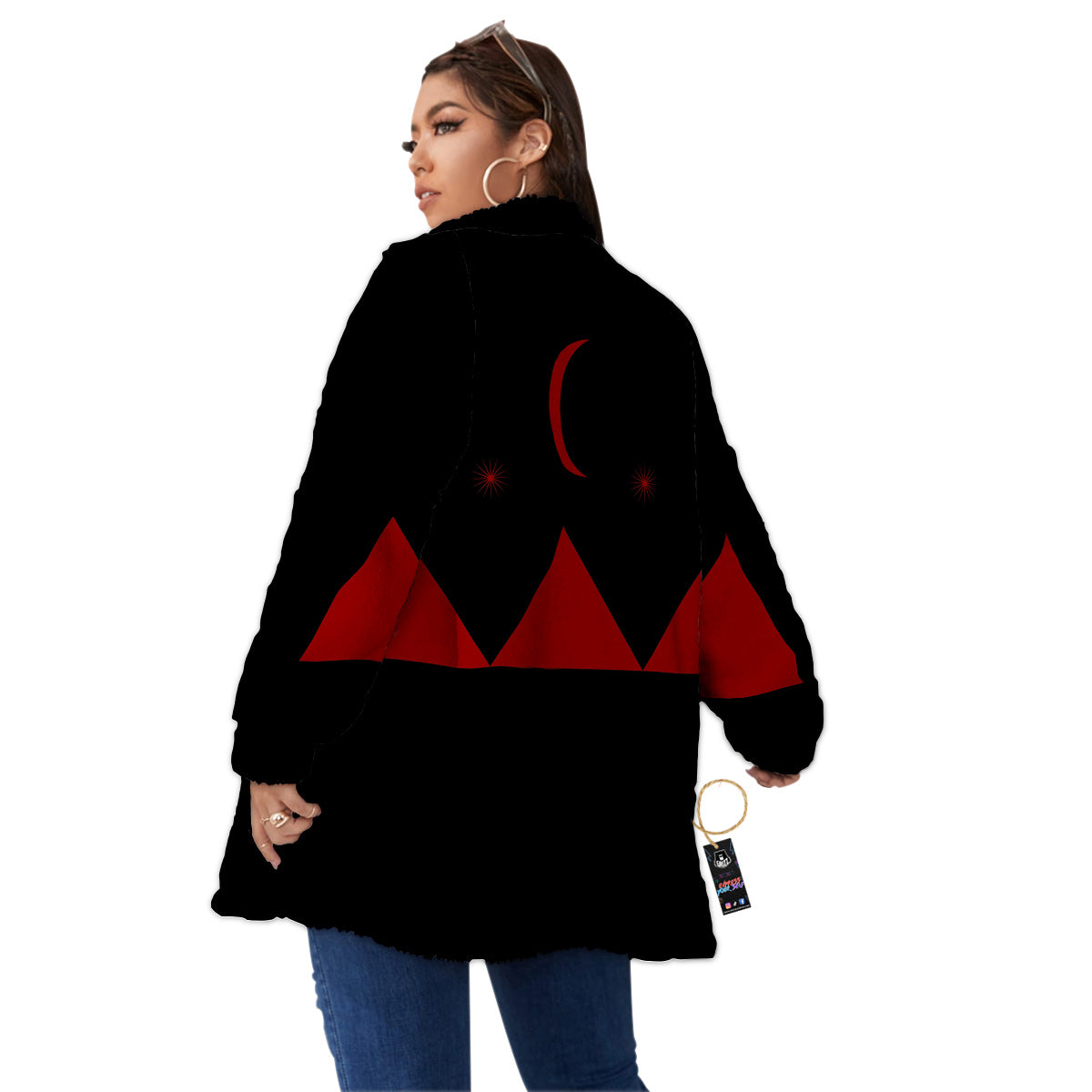 Pyramid Red Moon Print Women's Sherpa Jacket-grizzshop