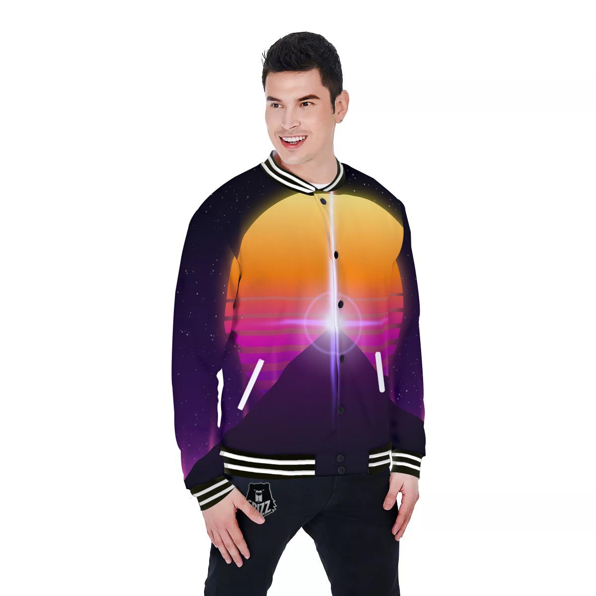 Pyramid Synthwave Print Baseball Jacket-grizzshop