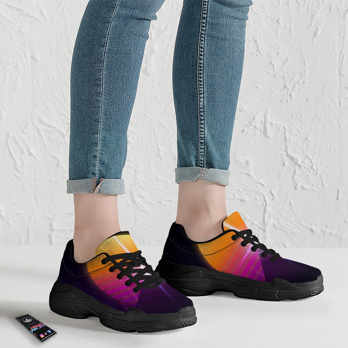 Pyramid Synthwave Print Black Chunky Shoes-grizzshop