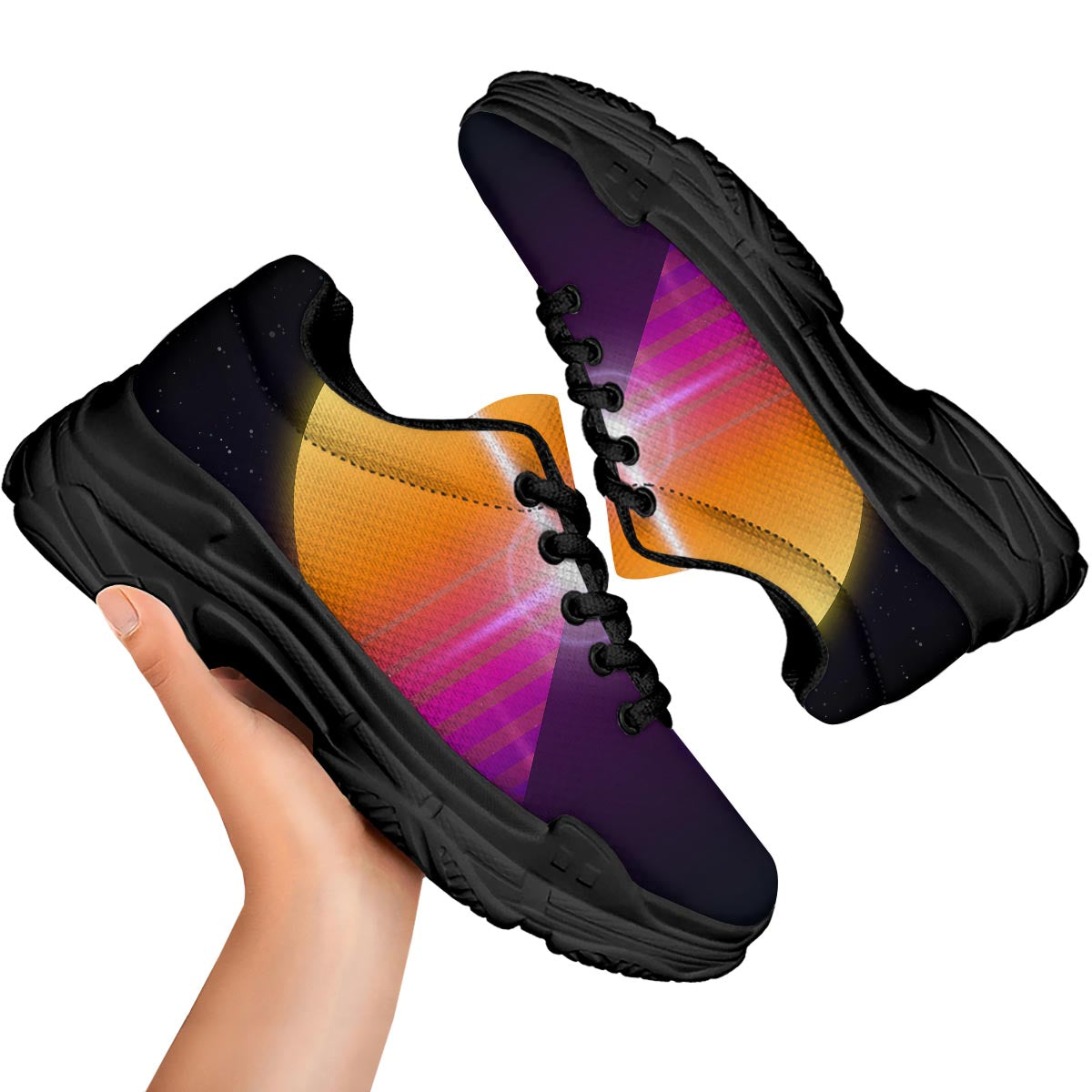 Pyramid Synthwave Print Black Chunky Shoes-grizzshop