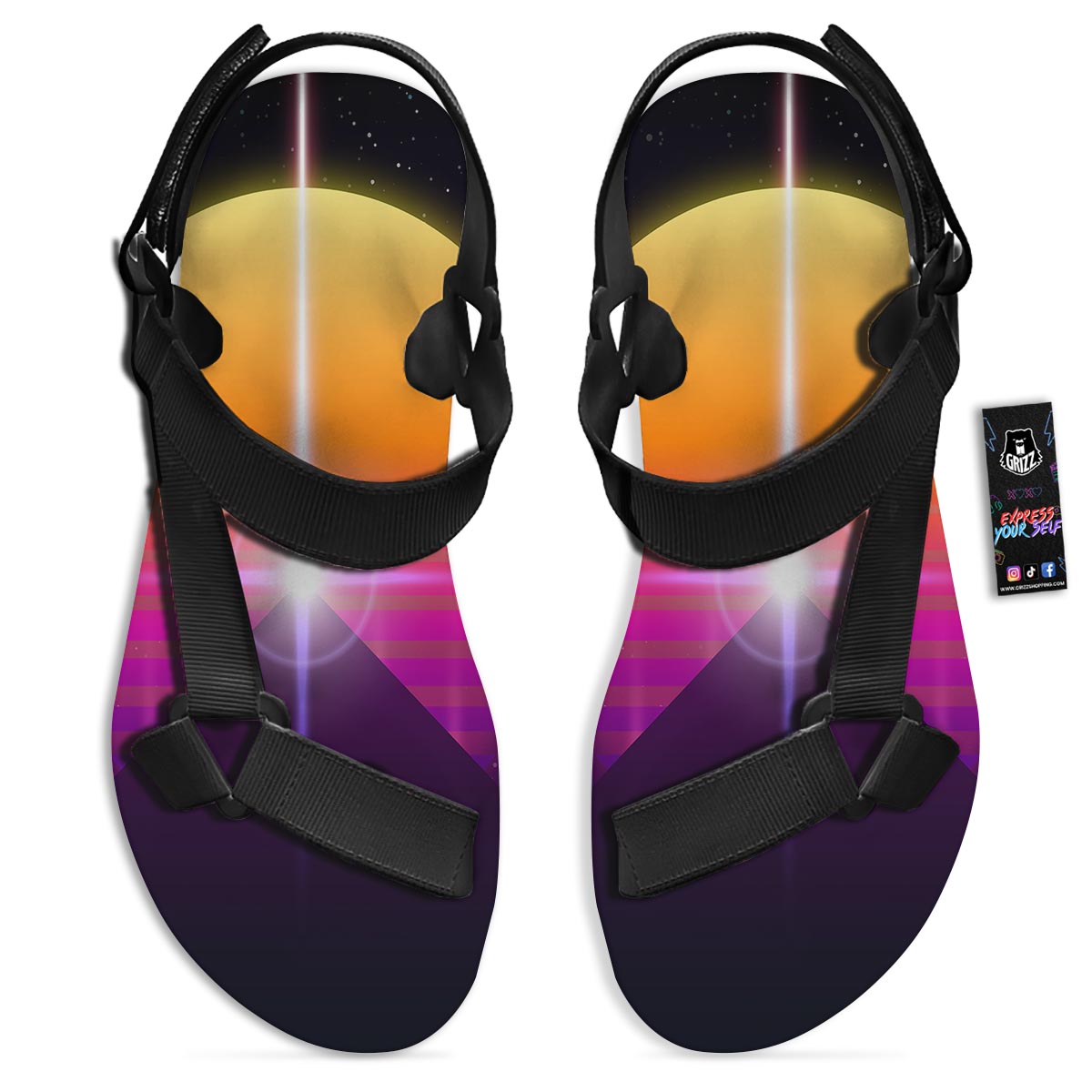 Pyramid Synthwave Print Black Open Toe Sandals-grizzshop