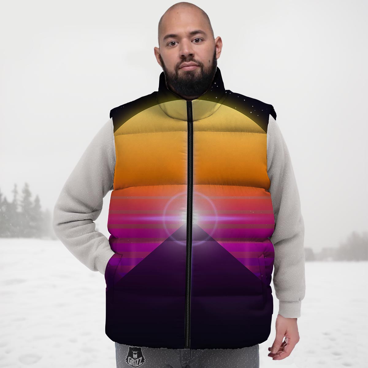Pyramid Synthwave Print Down Vest-grizzshop