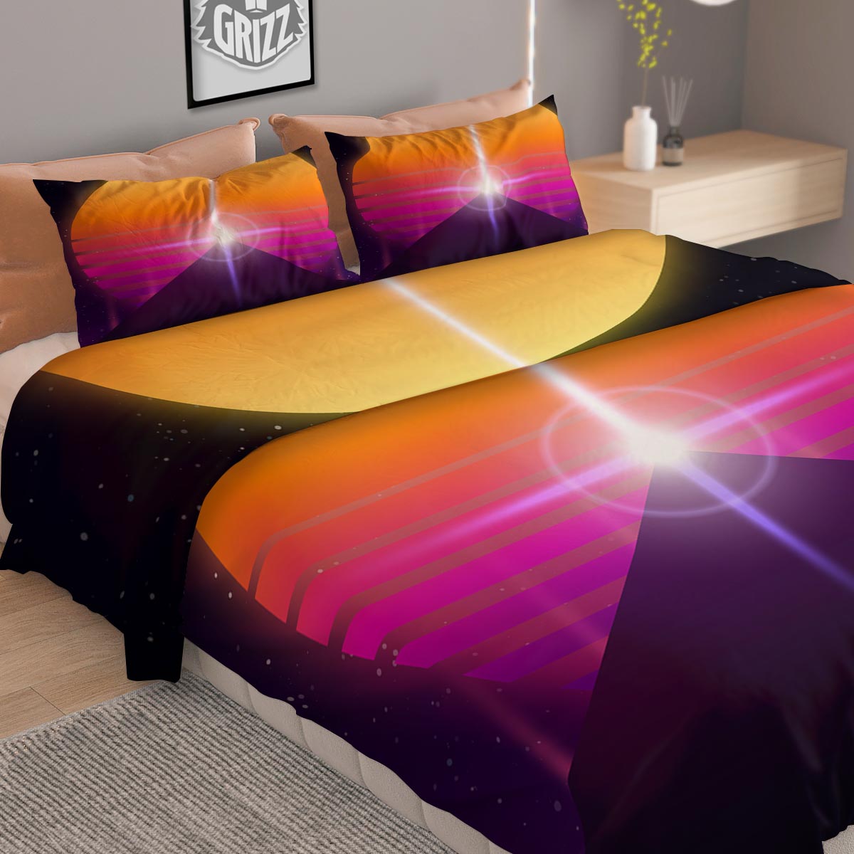 Pyramid Synthwave Print Duvet Cover Bedding Set