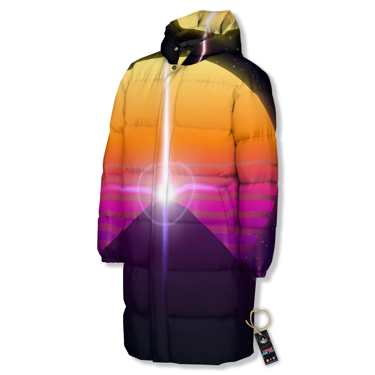 Pyramid Synthwave Print Long Down Jacket-grizzshop