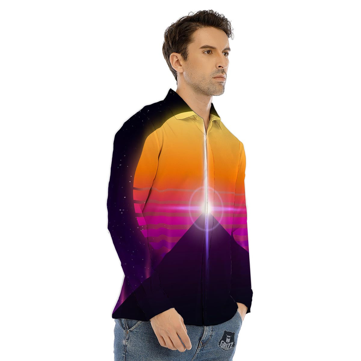 Pyramid Synthwave Print Men's Dress Shirts-grizzshop
