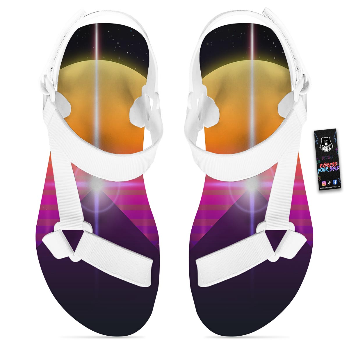 Pyramid Synthwave Print White Open Toe Sandals-grizzshop