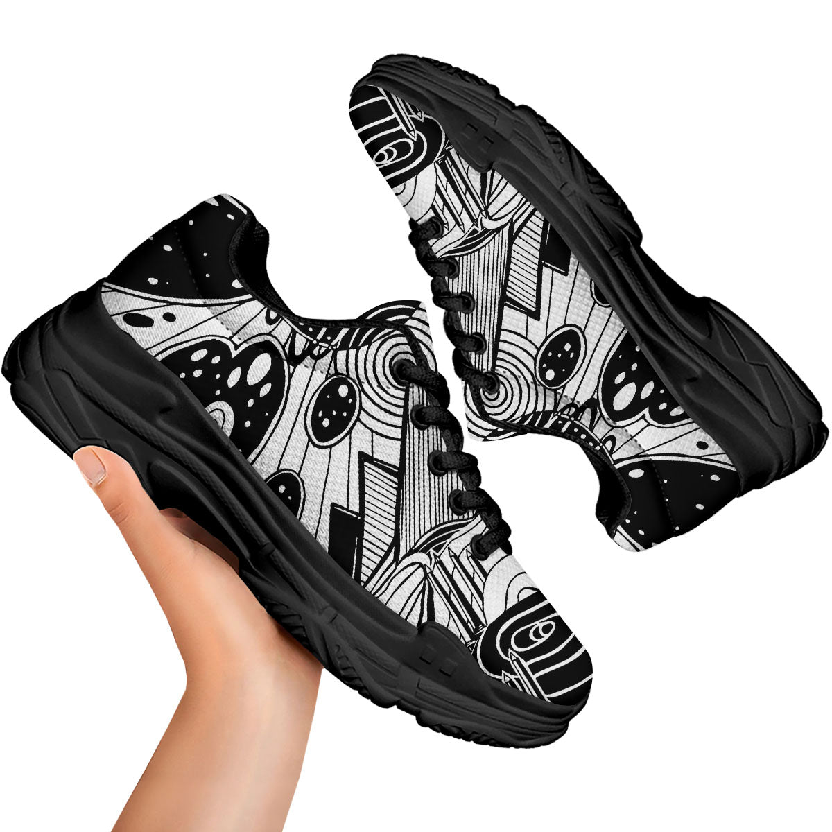 Pyramid UFO Print Black Chunky Shoes-grizzshop