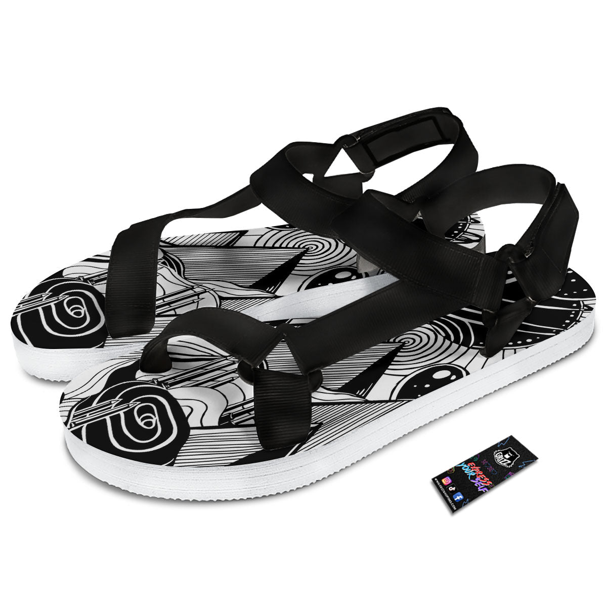 Pyramid UFO Print Black Open Toe Sandals-grizzshop