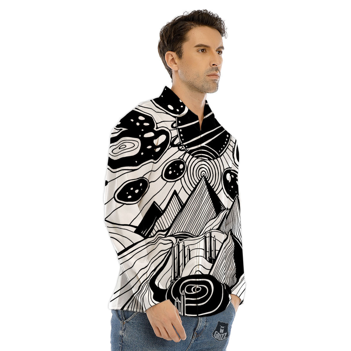 Pyramid UFO Print Men's Dress Shirts-grizzshop