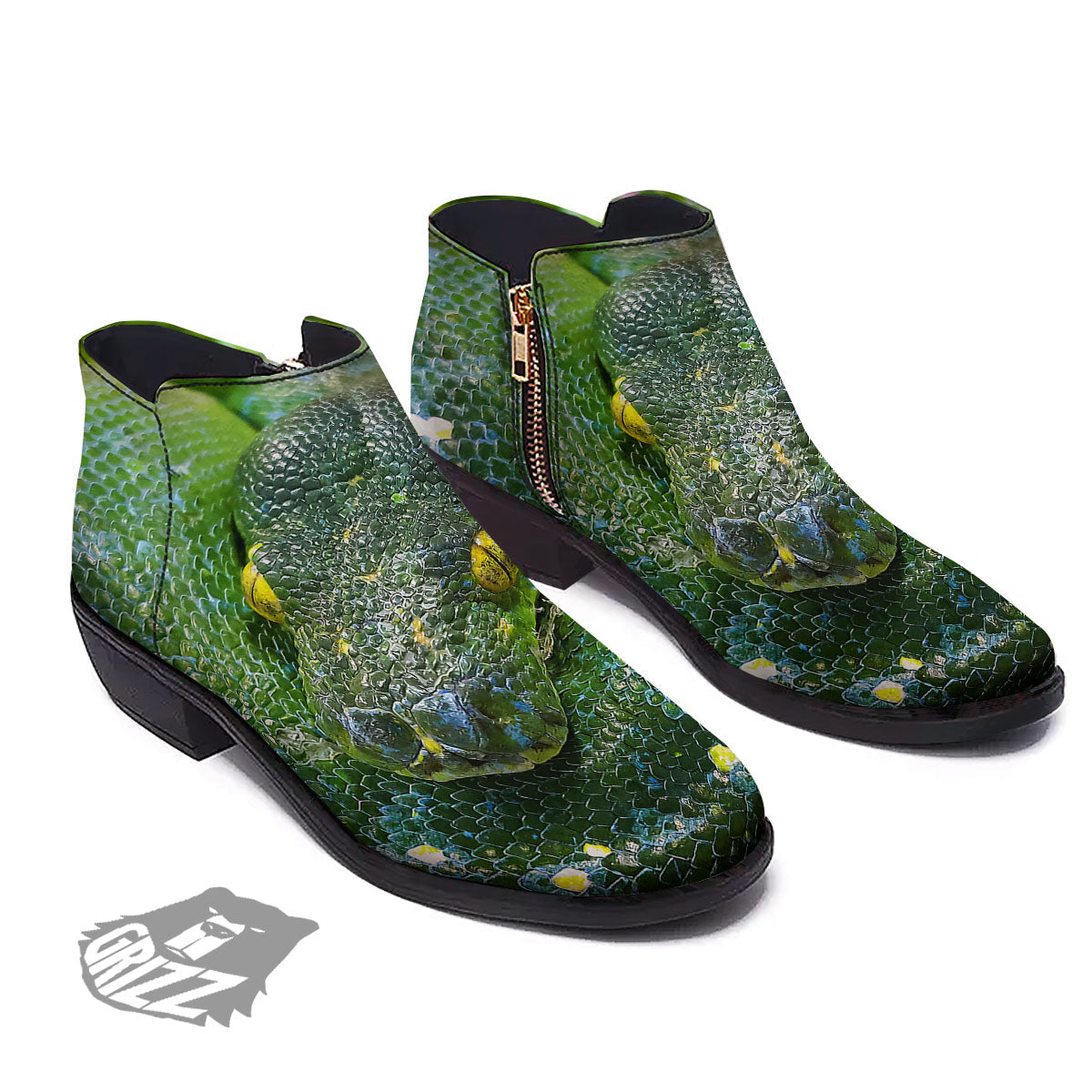 Python Snake Green Reticulated Print Ankle Boots-grizzshop