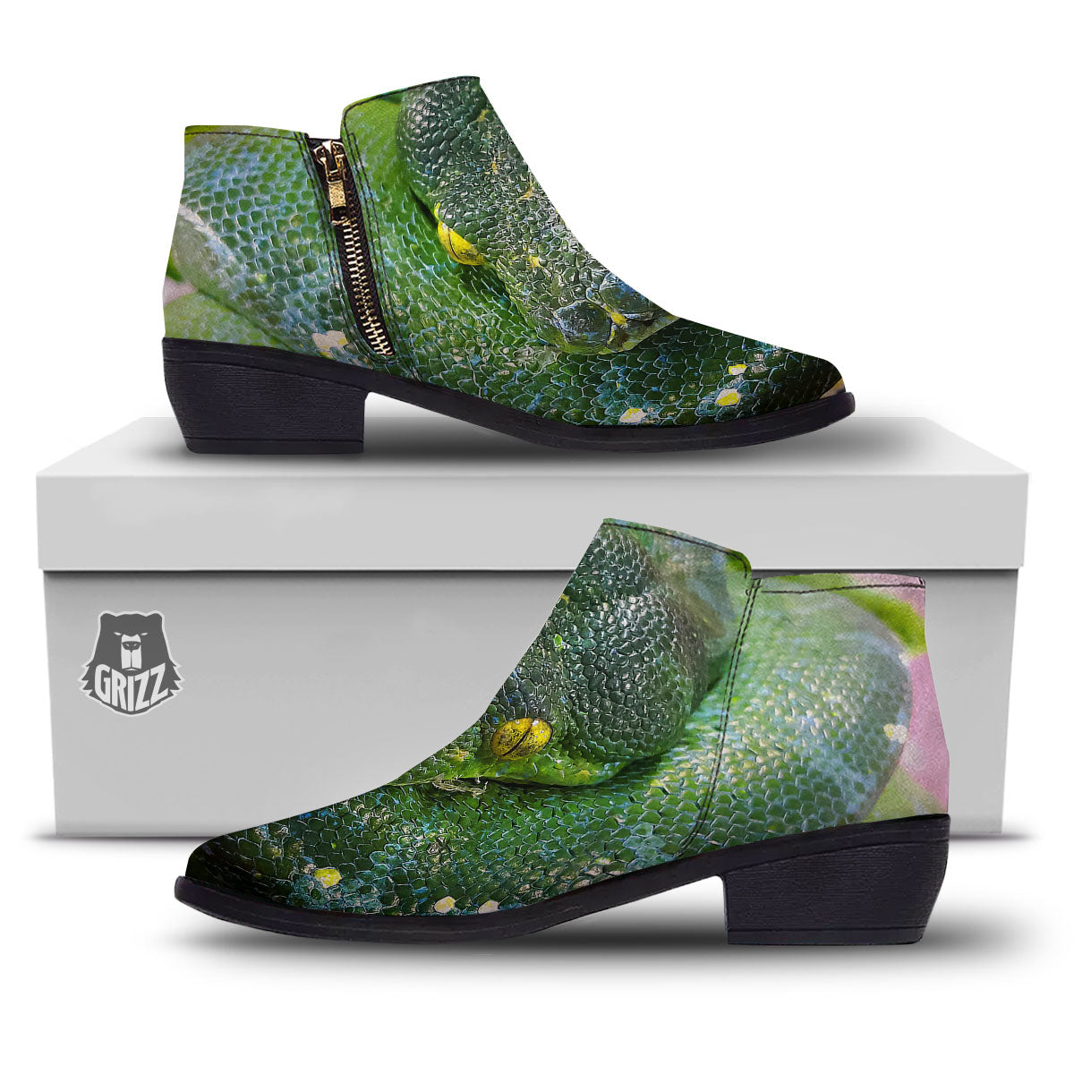 Python Snake Green Reticulated Print Ankle Boots-grizzshop