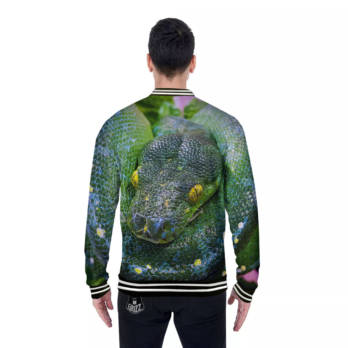 Python Snake Green Reticulated Print Baseball Jacket-grizzshop
