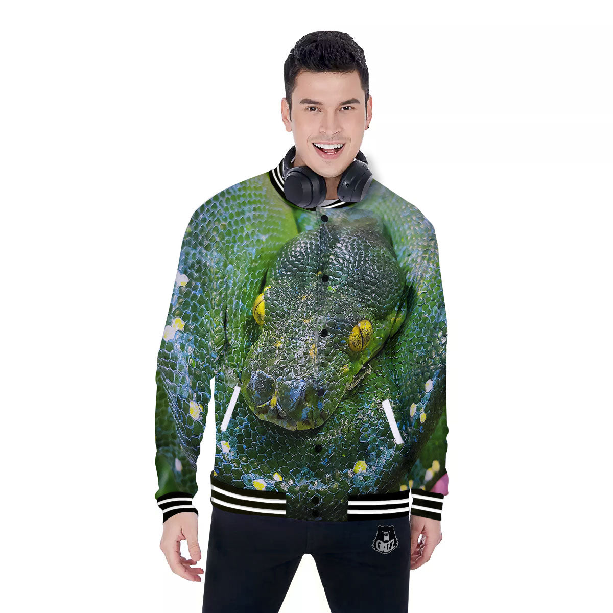Python Snake Green Reticulated Print Baseball Jacket-grizzshop