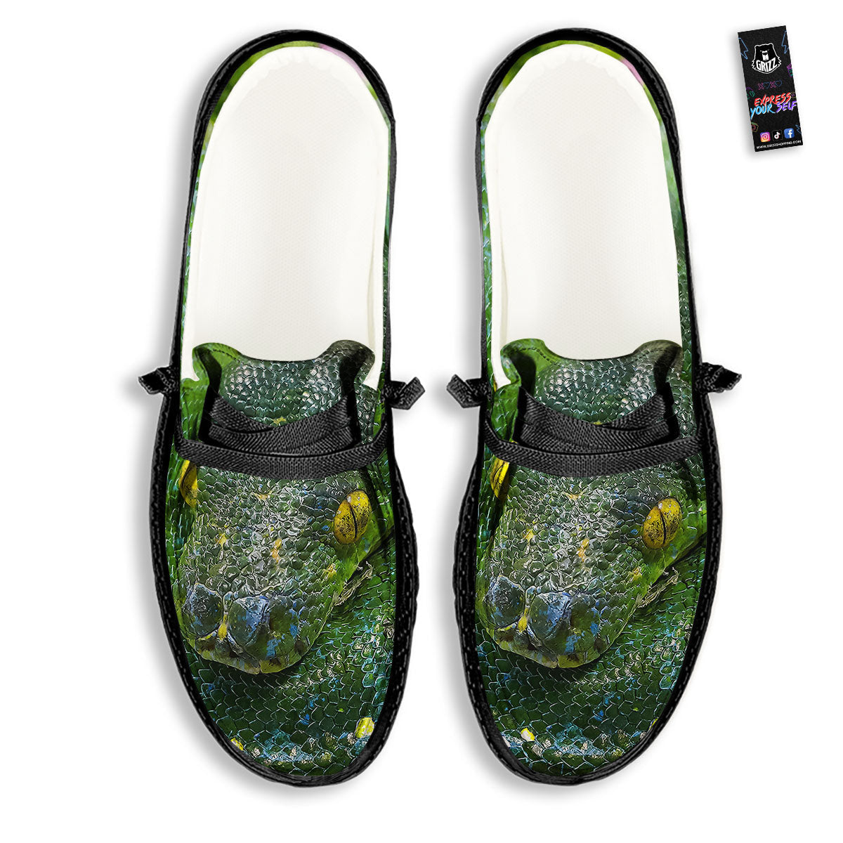 Python Snake Green Reticulated Print Black Loafers-grizzshop