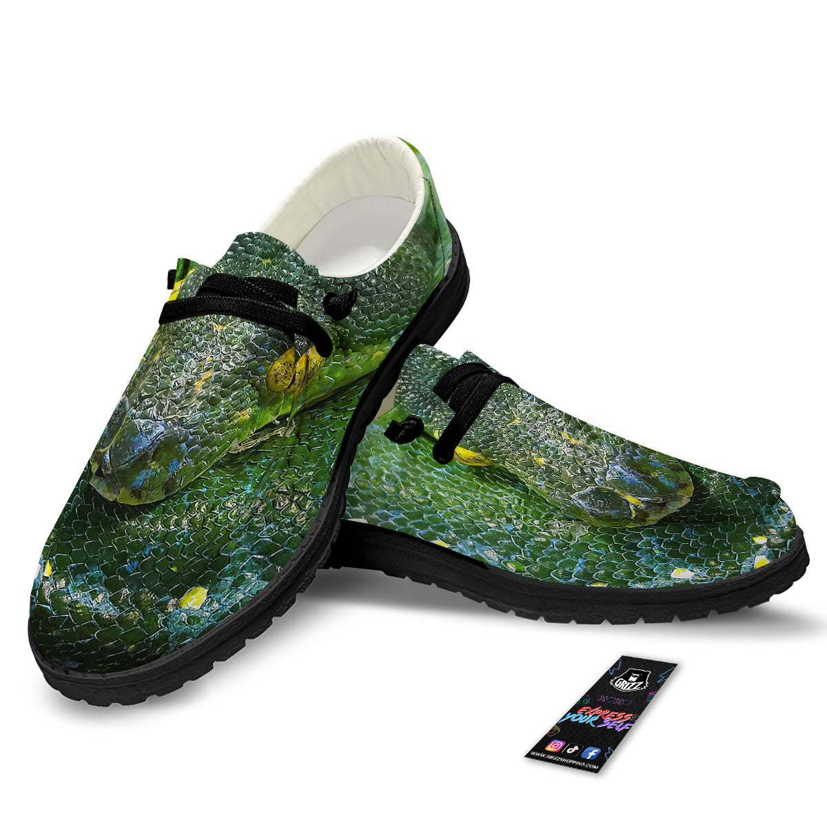 Python Snake Green Reticulated Print Black Loafers-grizzshop
