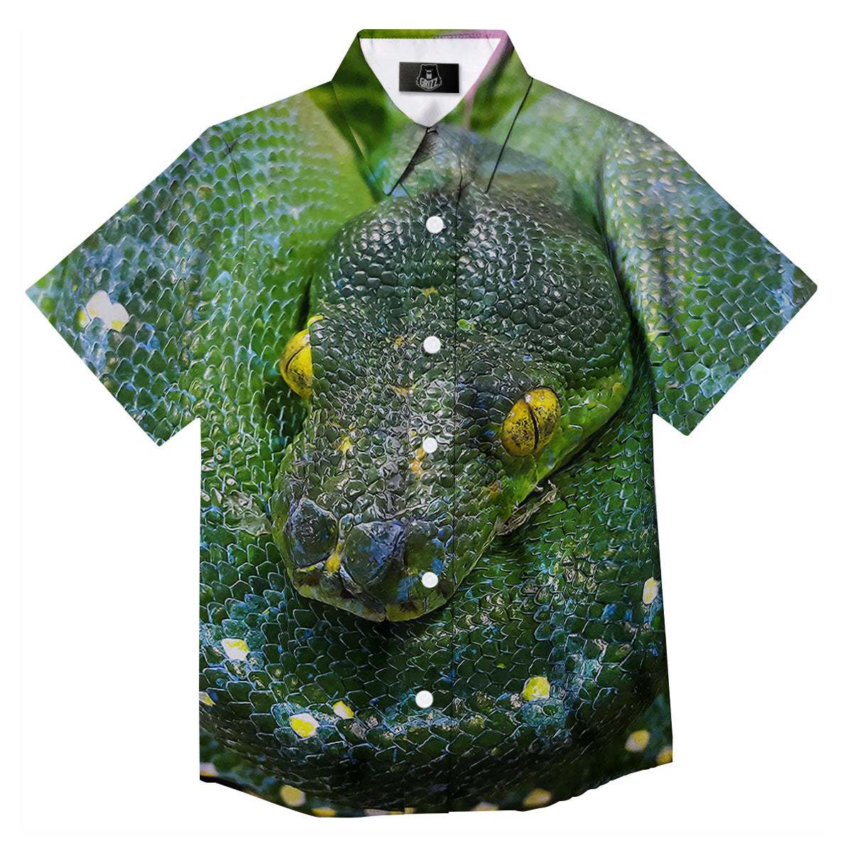 Python Snake Green Reticulated Print Button Up Shirt-grizzshop