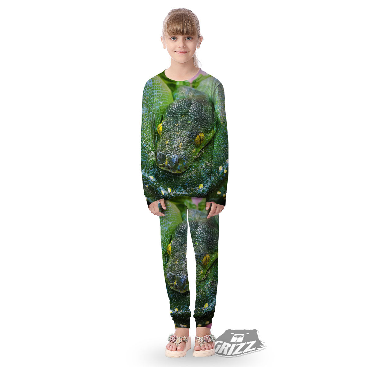 Python Snake Green Reticulated Print Kid's Pajamas-grizzshop