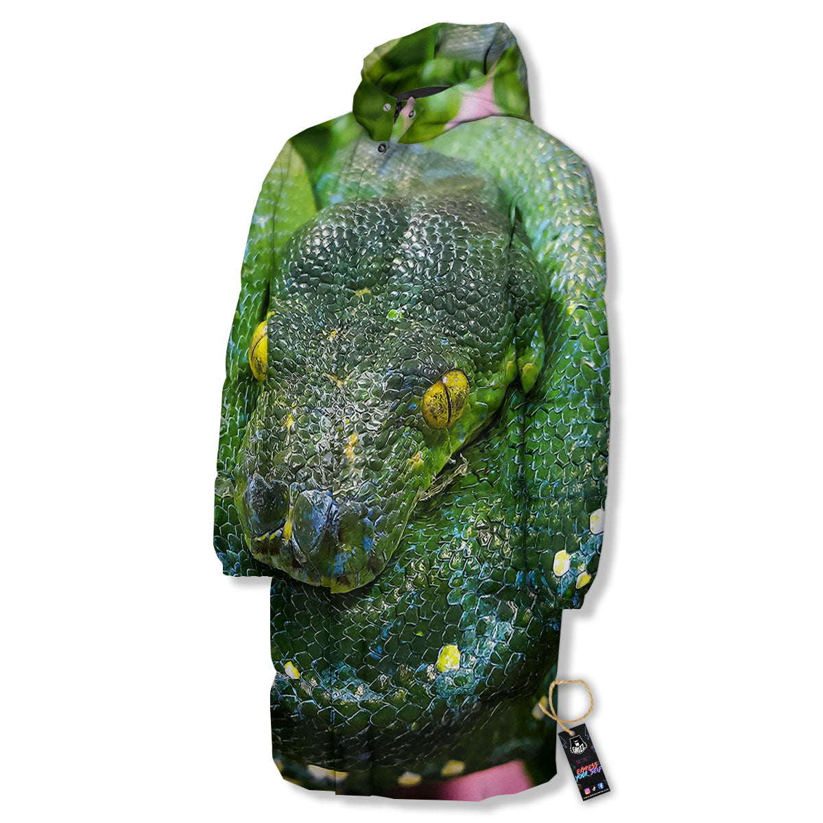Python Snake Green Reticulated Print Long Down Jacket-grizzshop