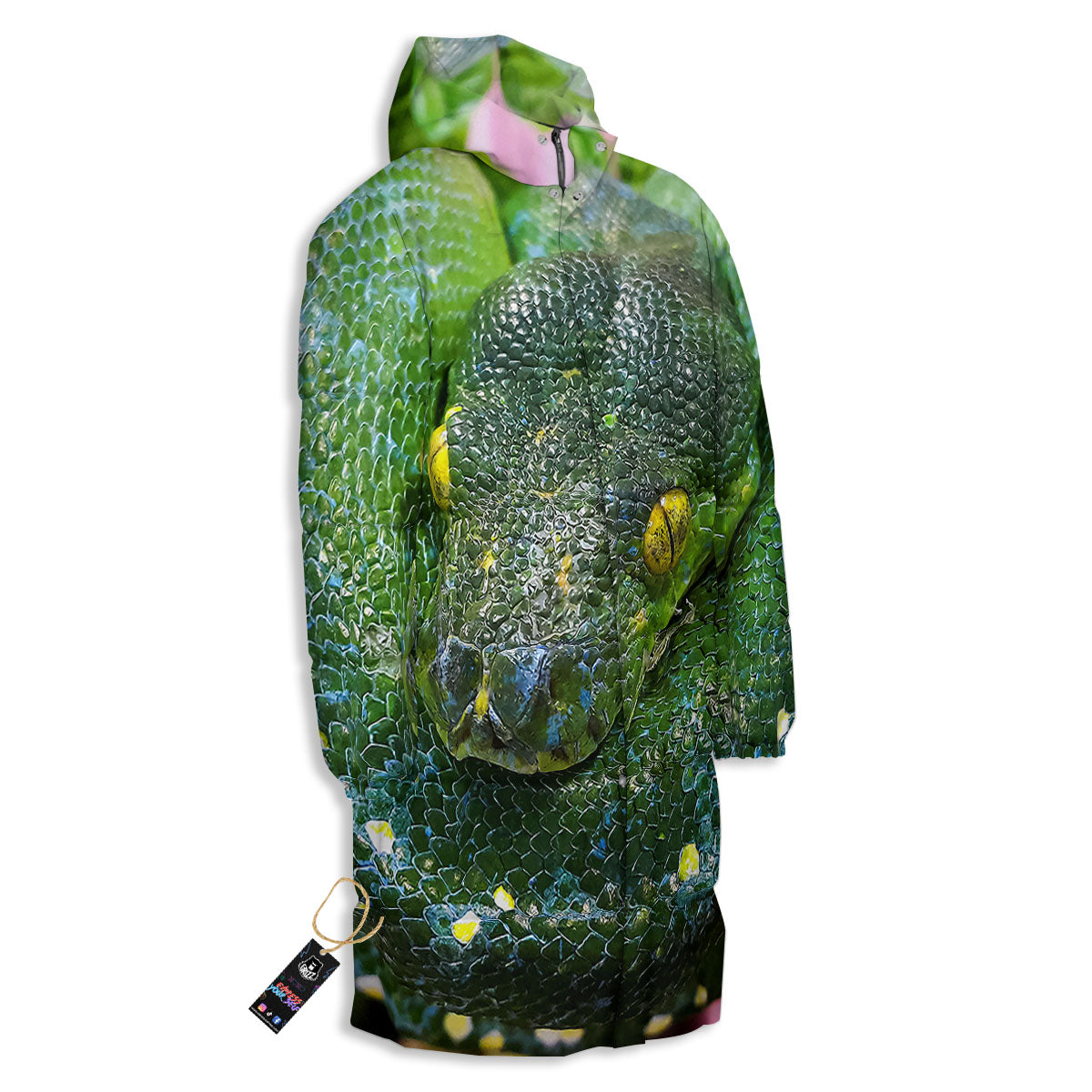 Python Snake Green Reticulated Print Long Down Jacket-grizzshop