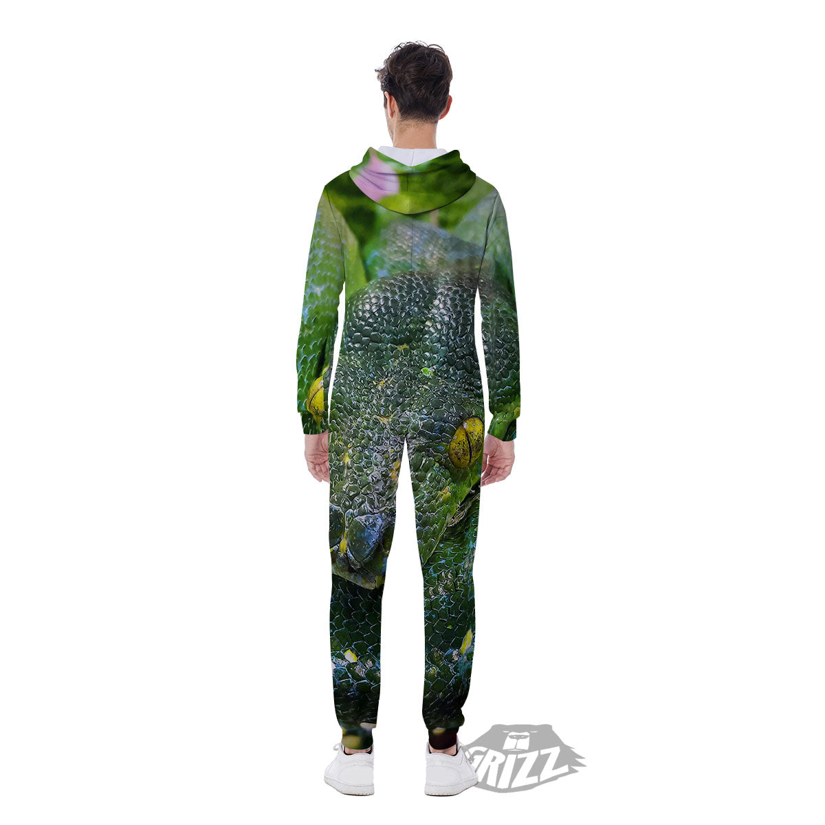 Python Snake Green Reticulated Print Men's Jumpsuit-grizzshop