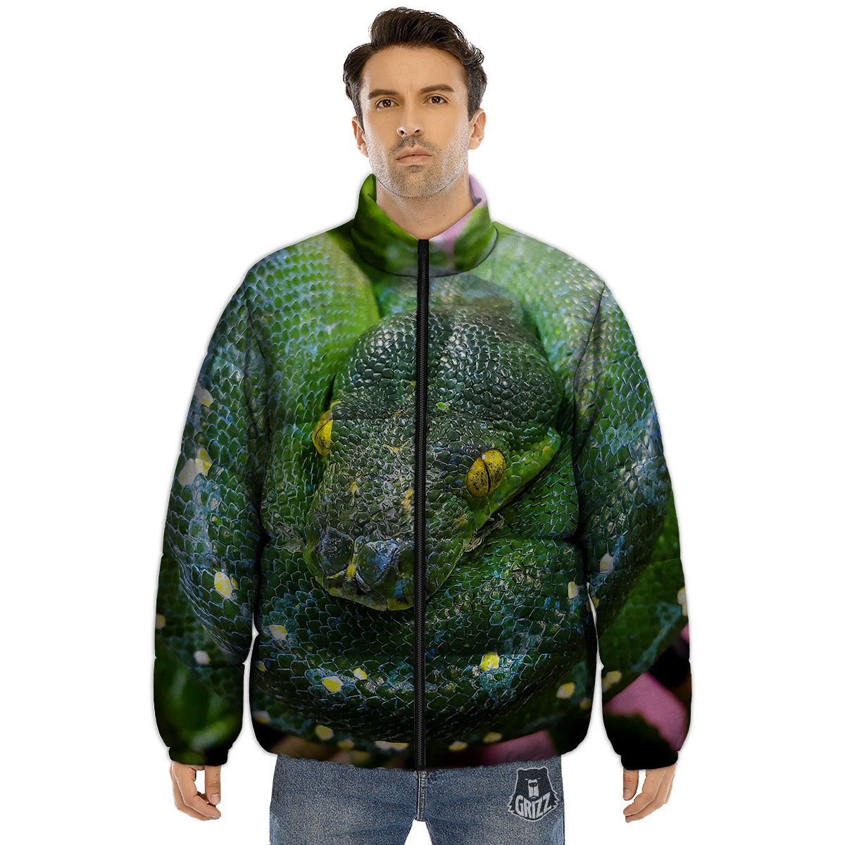 Python Snake Green Reticulated Print Puffer Jacket-grizzshop