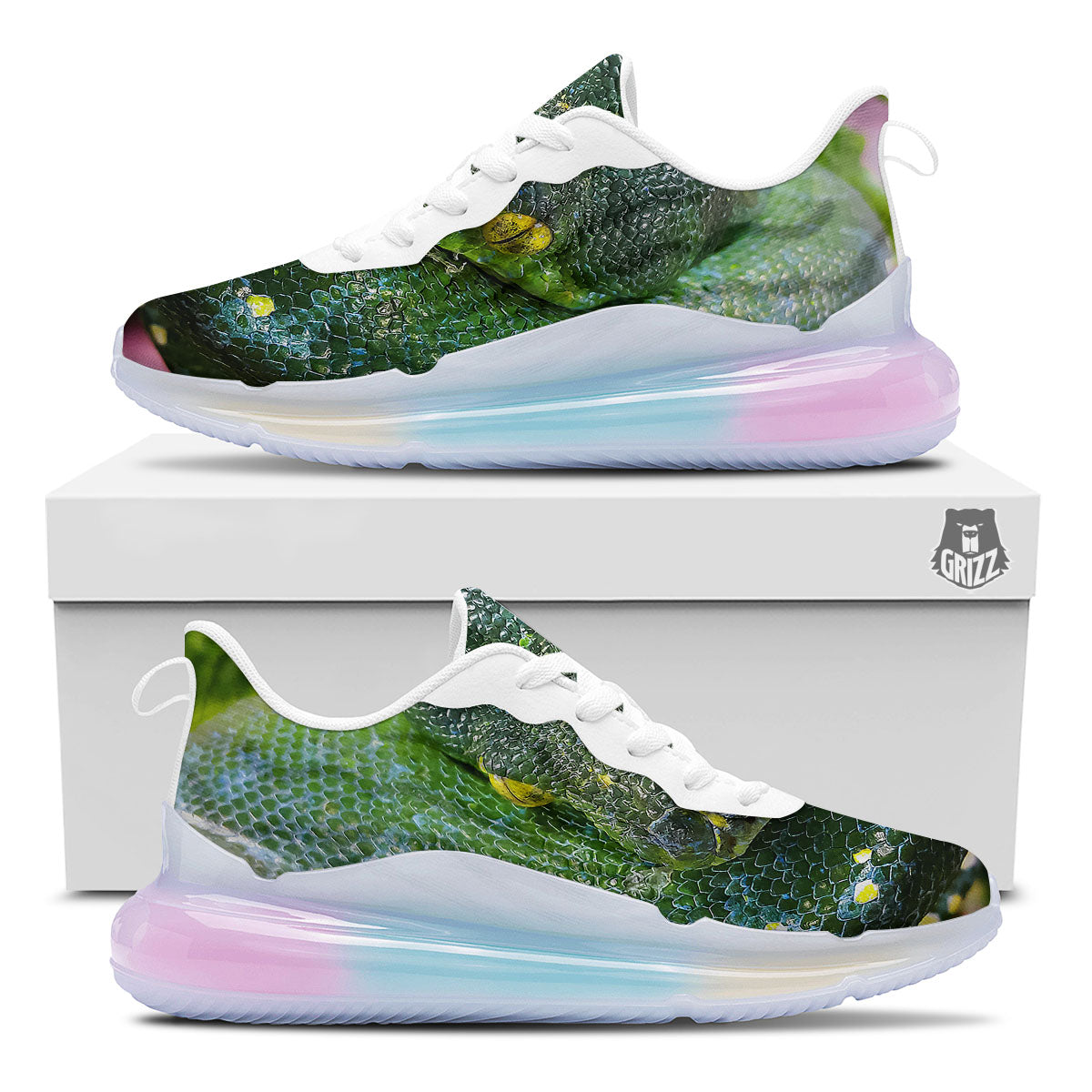 Python Snake Green Reticulated Print Running Sneakers-grizzshop