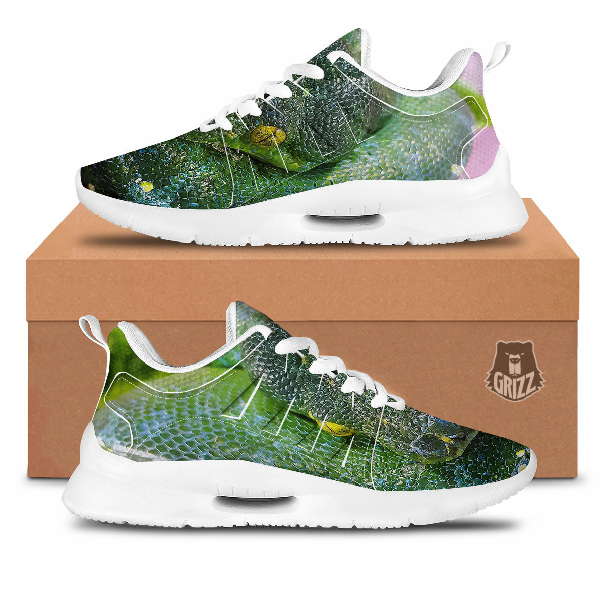 Python Snake Green Reticulated Print Tennis Shoes-grizzshop