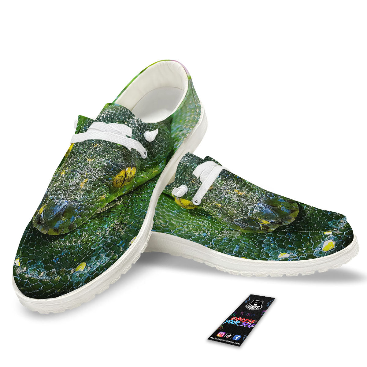 Python Snake Green Reticulated Print White Loafers-grizzshop