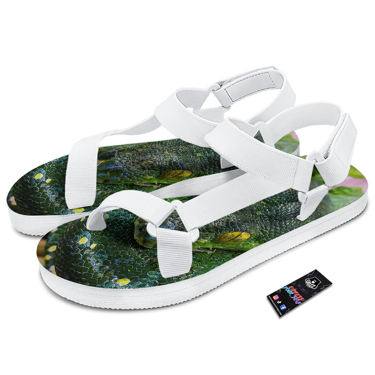 Python Snake Green Reticulated Print White Open Toe Sandals-grizzshop