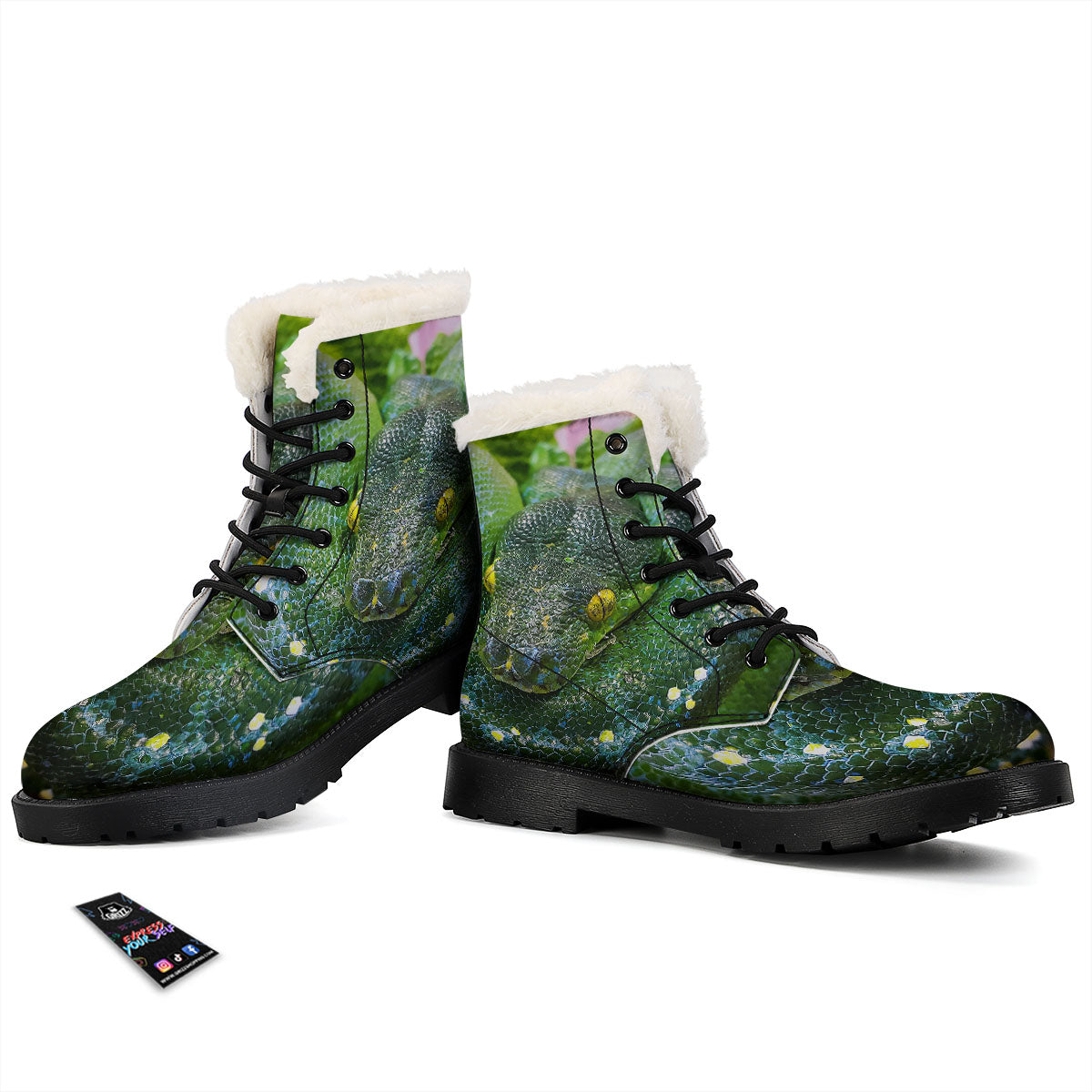Python Snake Green Reticulated Print Winter Boots-grizzshop