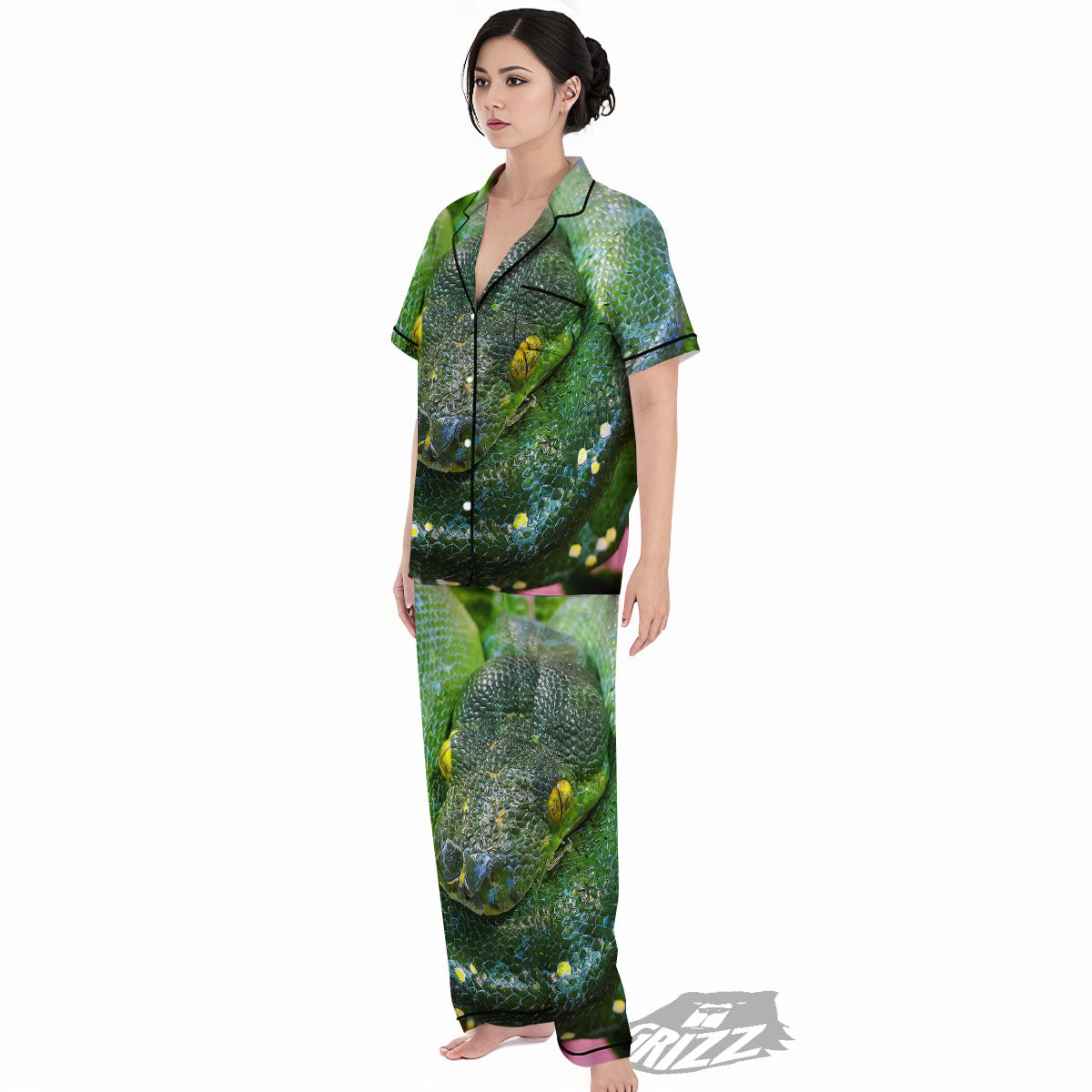 Python Snake Green Reticulated Print Women's Pajamas Set-grizzshop