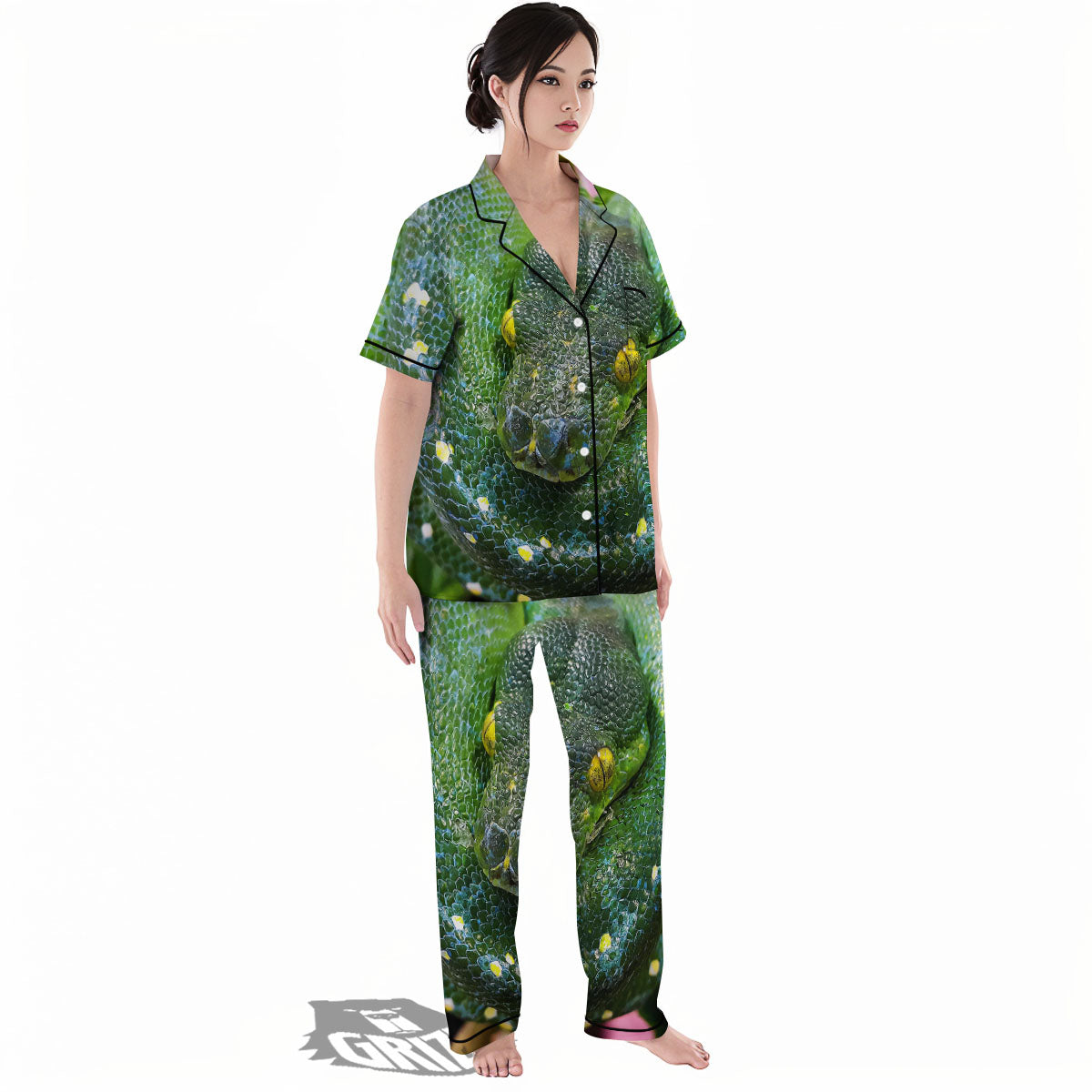 Python Snake Green Reticulated Print Women's Pajamas Set-grizzshop