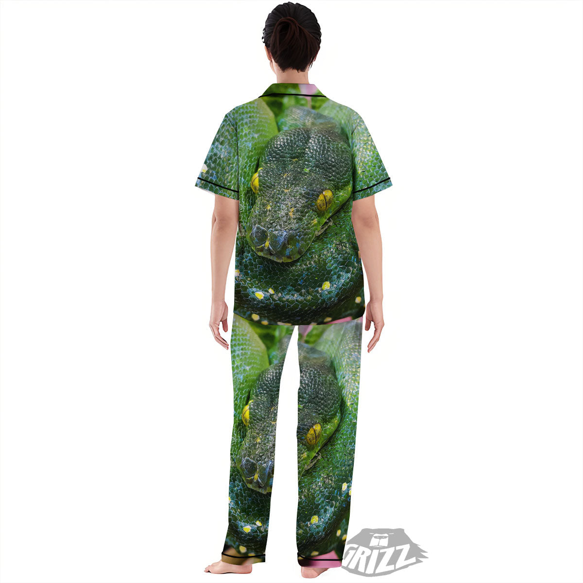 Python Snake Green Reticulated Print Women's Pajamas Set-grizzshop