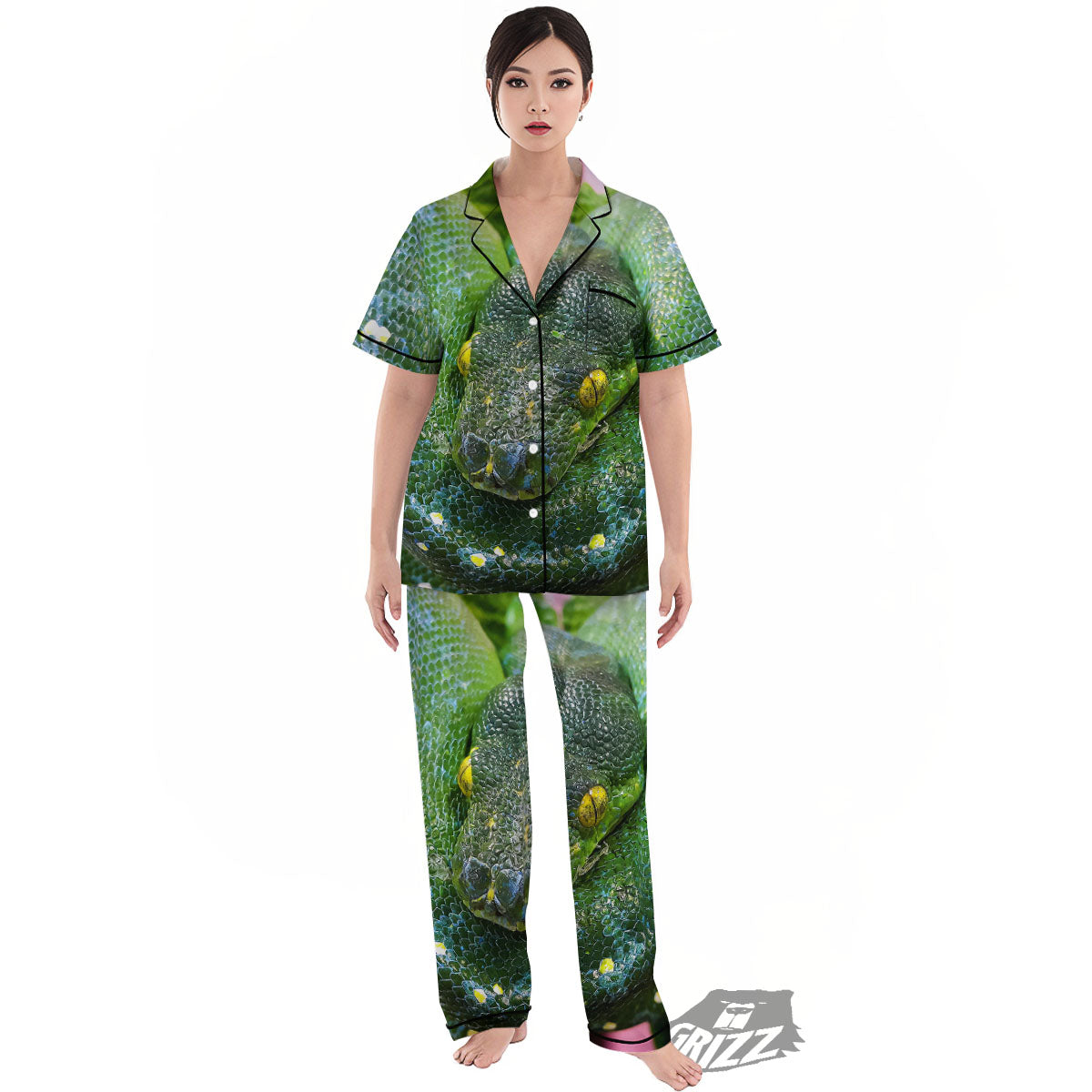 Python Snake Green Reticulated Print Women's Pajamas Set-grizzshop
