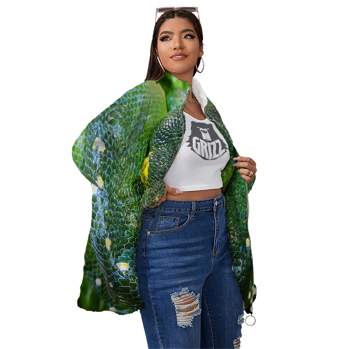 Python Snake Green Reticulated Print Women's Sherpa Jacket-grizzshop