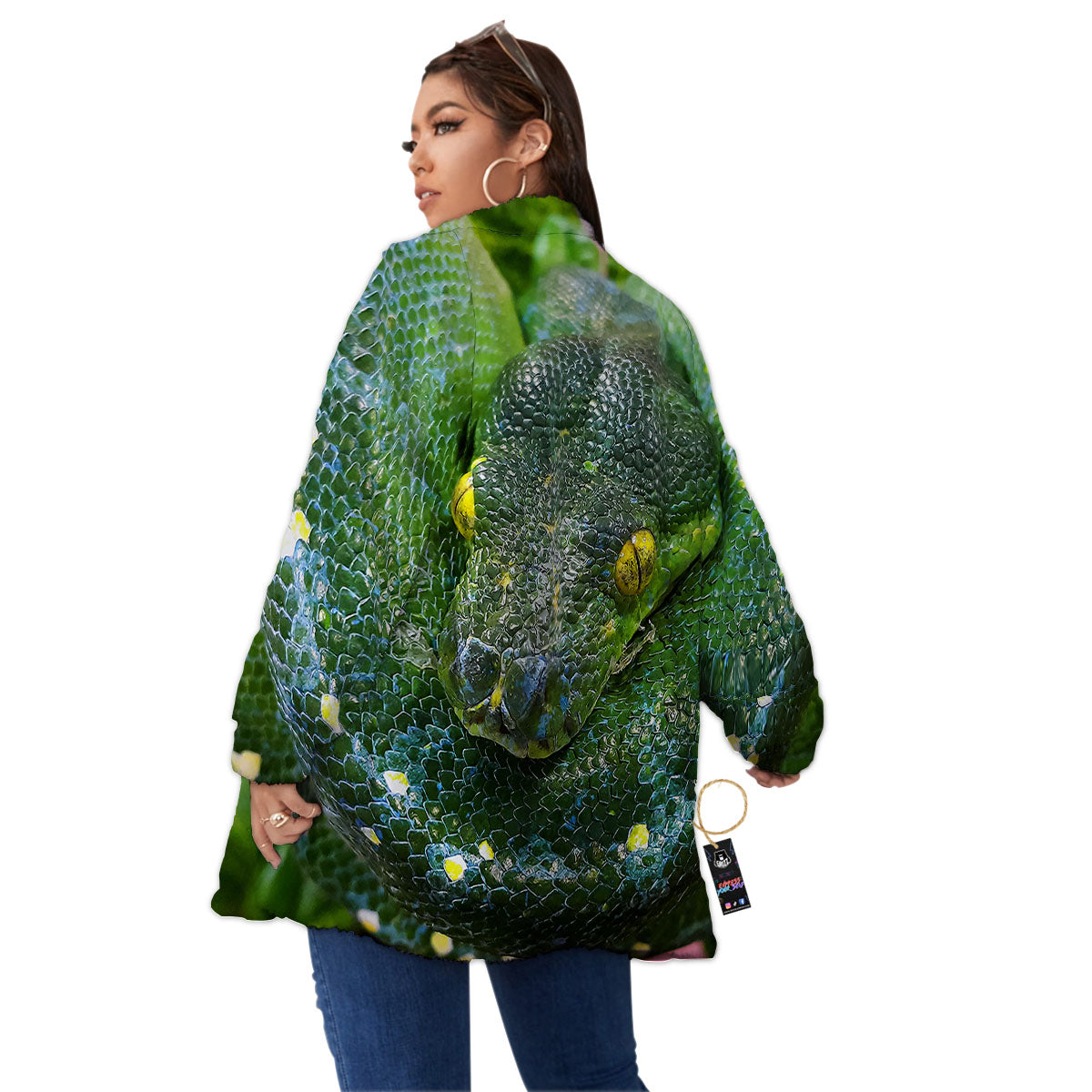Python Snake Green Reticulated Print Women's Sherpa Jacket-grizzshop