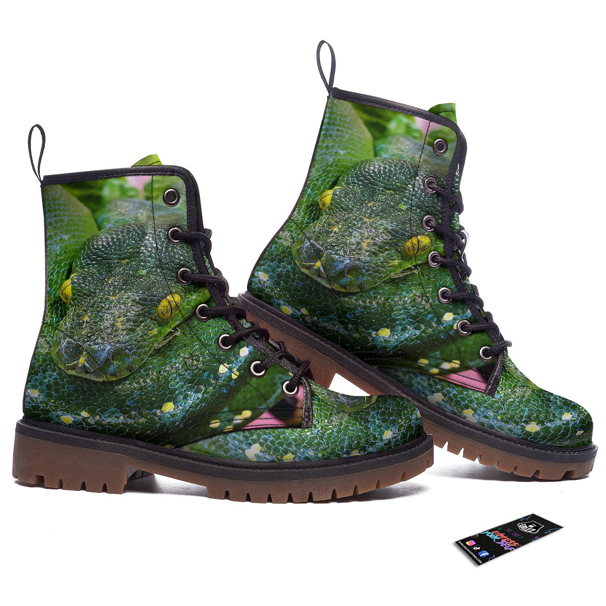 Python Snake Green Reticulated Print Work Boots-grizzshop