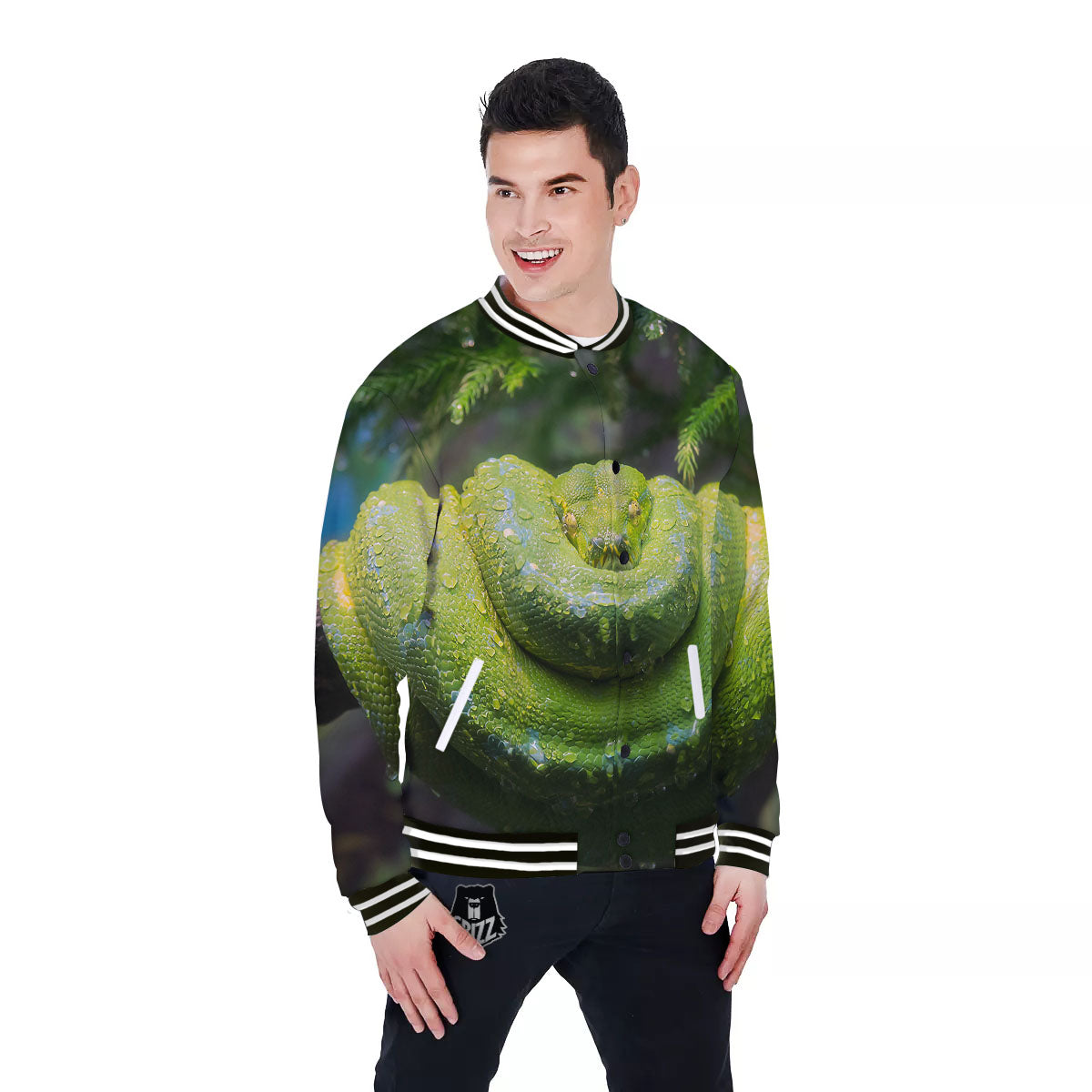 Python Snake Green Tree Print Baseball Jacket-grizzshop