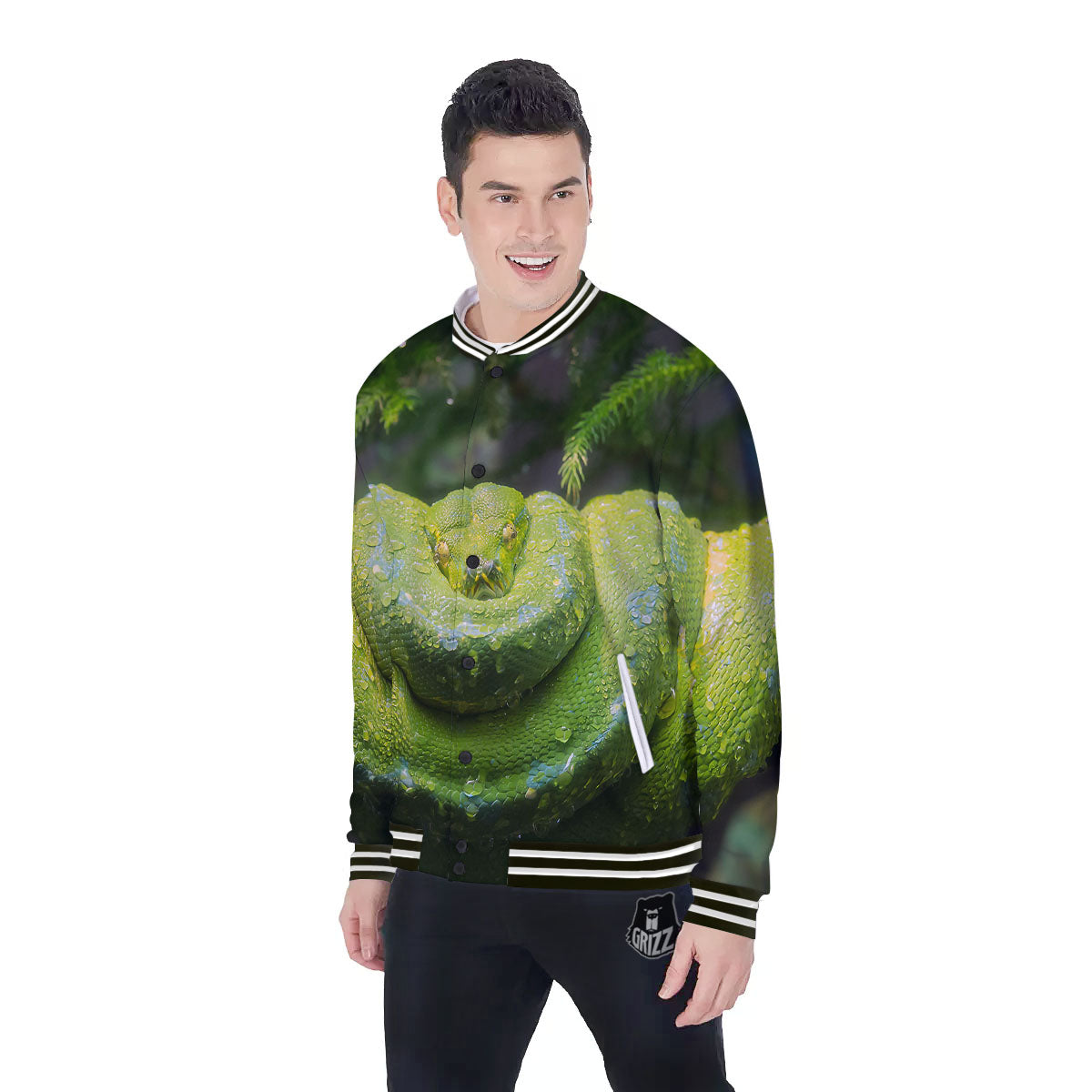 Python Snake Green Tree Print Baseball Jacket-grizzshop