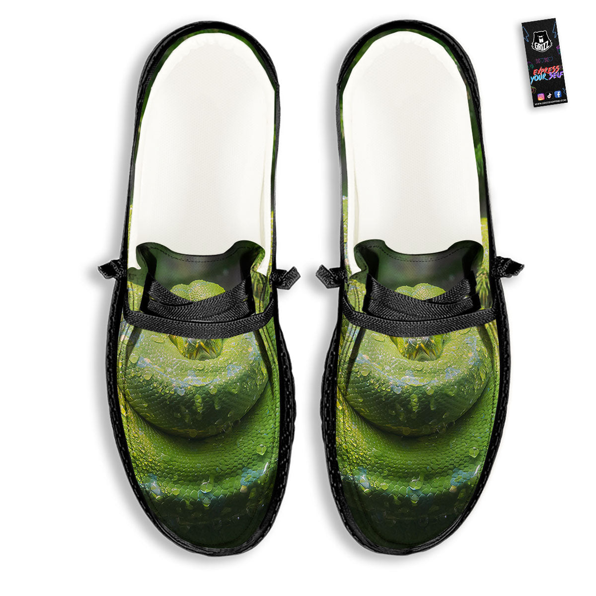 Python Snake Green Tree Print Black Loafers-grizzshop