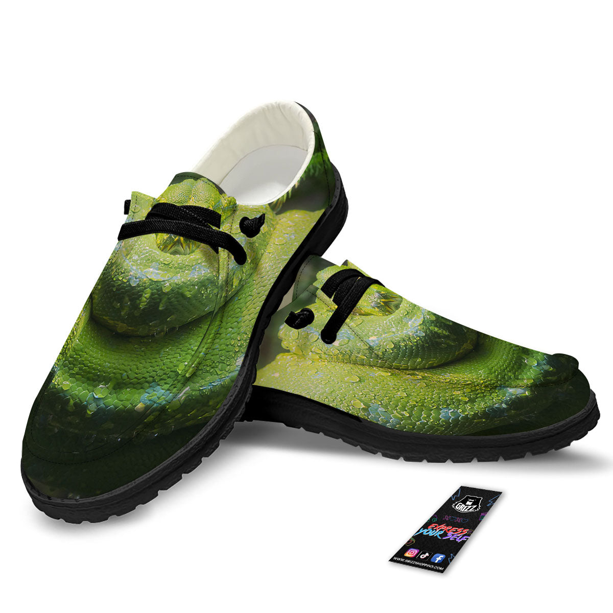 Python Snake Green Tree Print Black Loafers-grizzshop