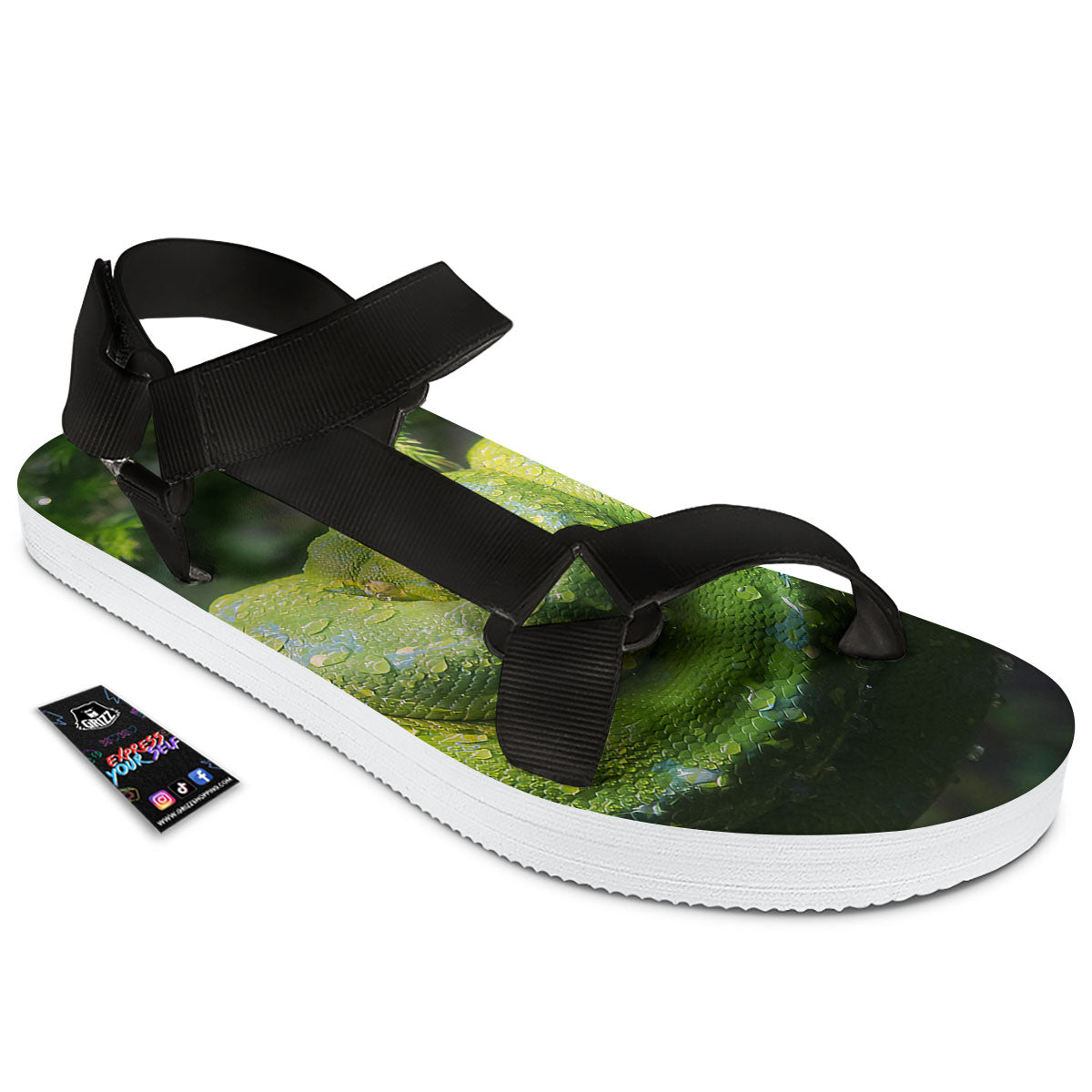 Python Snake Green Tree Print Black Open Toe Sandals-grizzshop