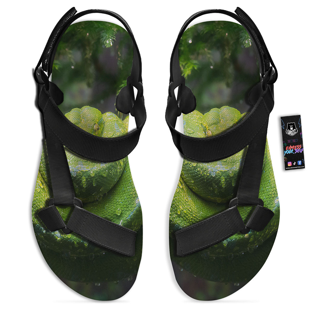 Python Snake Green Tree Print Black Open Toe Sandals-grizzshop