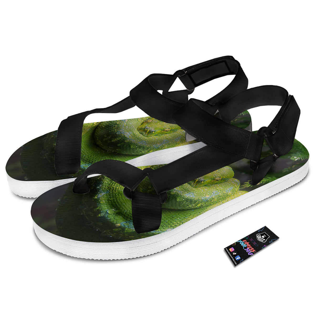 Python Snake Green Tree Print Black Open Toe Sandals-grizzshop